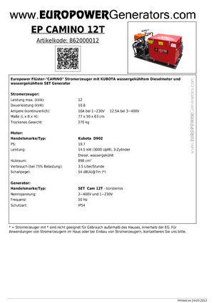 Dizelski generatori Europower EP Camino 12 T
