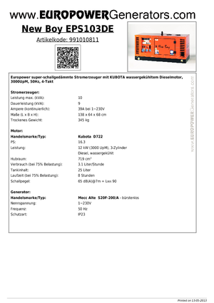 Dizelski generatori Europower New Boy EPS103DE (MA)