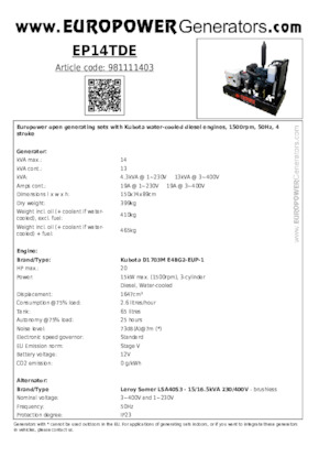 Dizelski generatori Europower EP14TDE (LS)