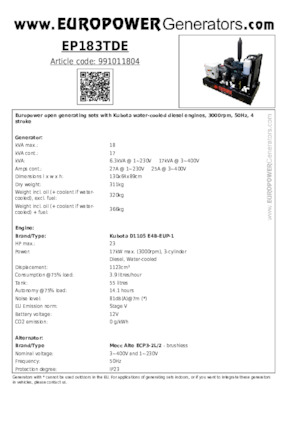 Dizelski generatori Europower EP183TDE (MA)