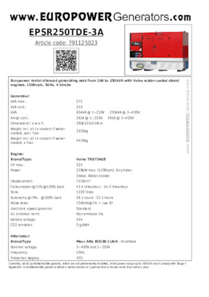 Dizelski generatori Europower EPSR250TDE-3A (MA)