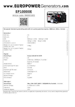 Benzinski generatori struje Europower EP10000E (MA)