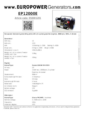 Benzinski generatori struje Europower EP12000E (S)