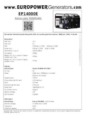 Benzinski generatori struje Europower EP14000E (S)