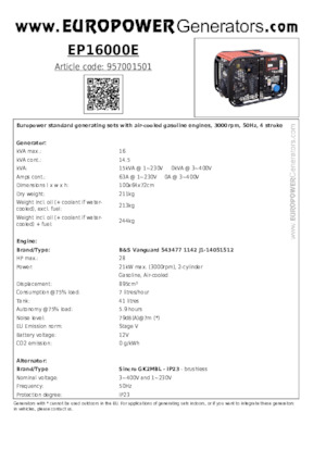 Benzinski generatori struje Europower EP16000E (S)