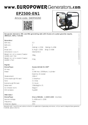 Benzinski generatori struje Europower EP2500-EN1 (S)