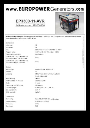 Benzinski generatori struje Europower EP3300-11-AVR (MA)