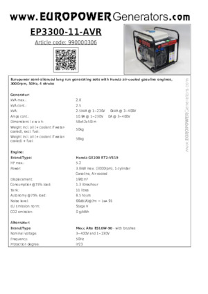 Benzinski generatori struje Europower EP3300-11-AVR (MA)