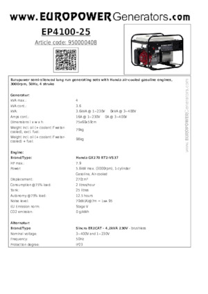 Benzinski generatori struje Europower EP4100-25 (S)
