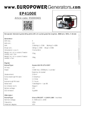 Benzinski generatori struje Europower EP4100E (S)