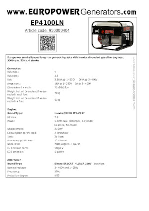 Benzinski generatori struje Europower EP4100LN (S)