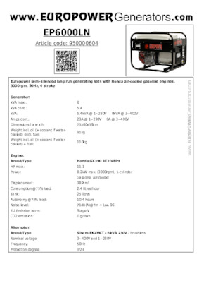Benzinski generatori struje Europower EP6000LN (S)