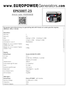 Benzinski generatori struje Europower EP6500T-25 (S)