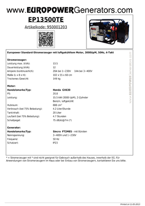 Benzinski generatori struje Europower EP13500TE (S)