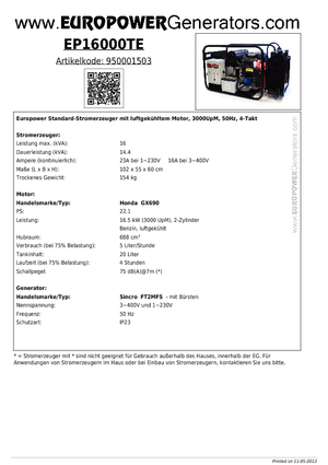 Benzinski generatori struje Europower EP16000TE (S)
