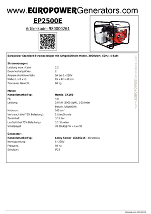 Benzinski generatori struje Europower EP 2500 E (LS)