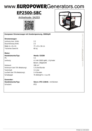 Benzinski generatori struje Europower EP 2500 S/BC (S)