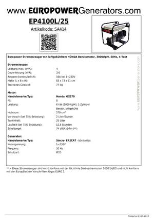 Benzinski generatori struje Europower EP 4100 L