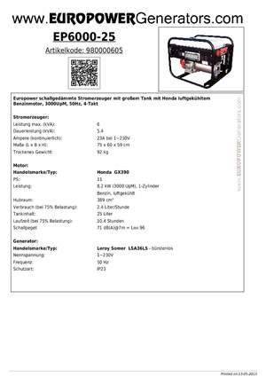 Benzinski generatori struje Europower EP 6000/25 (LS)
