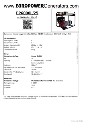 Benzinski generatori struje Europower EP 6000 L / 25