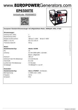 Benzinski generatori struje Europower EP6500TE (S)