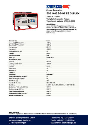 Benzinski generatori struje Endress ESE 1006 SG-GT ES Duplex