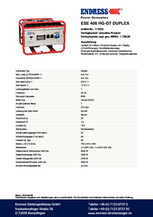 Benzinski generatori struje Endress ESE 406 HG-GT Duplex