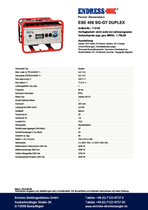 Benzinski generatori struje Endress ESE 406 SG-GT Duplex