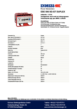 Benzinski generatori struje Endress ESE 506 SG-GT Duplex