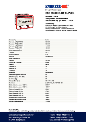 Benzinski generatori struje Endress ESE 606 DHG-GT Duplex