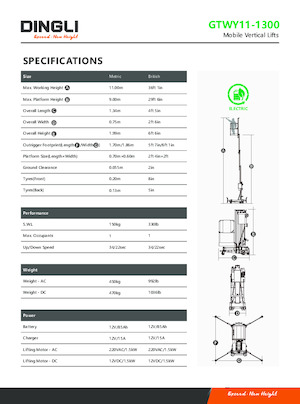 Vertikalna podizna platforma s jednim jarbolom Dingli GTWY11-1300