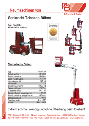 Vertikalna podizna platforma s jednim jarbolom PB Toplift 84